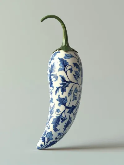chili pepper Made of azulejo's white and blue symmetric frontal, gothic, porcelain, rococo style, shiny gold, Neoclassic