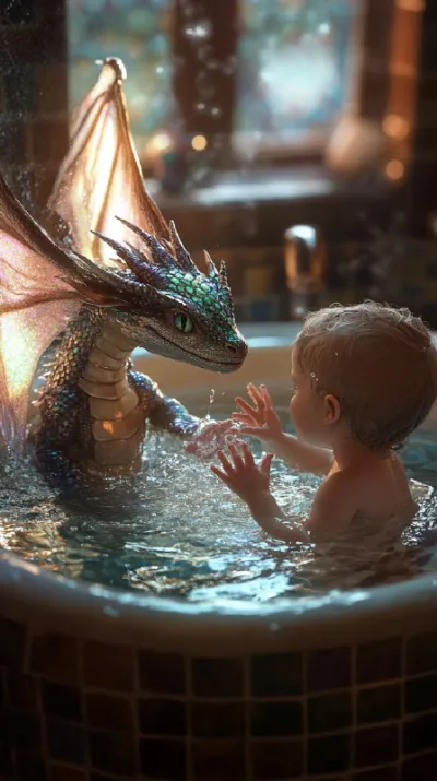 A photorealistic depiction of a baby dragon with delicate, iridescent wings swimming in a washbasin, its scales glisteni