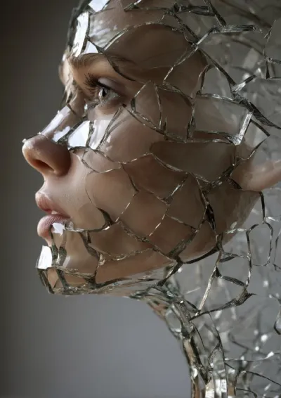 A woman made entirely of glass that is beginning to crack --ar 5:7