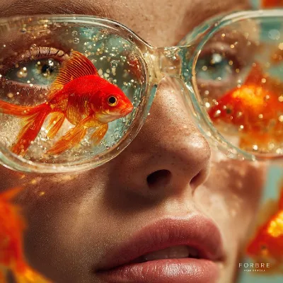 Close-up of a woman's face with a clear glass aquarium covering her eyes and goldfish inside the "glasses". Editorial ph
