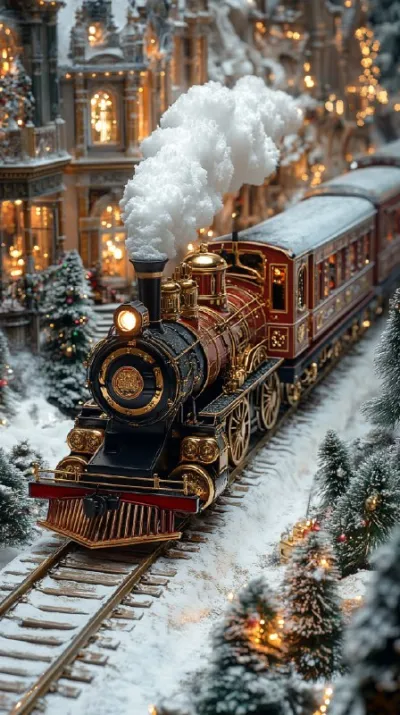 A full aerial view. A luxurious Richard Trevithick's 1804 locomotive crafted entirely from ivory, with a stunning red an