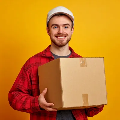 Photo portrait of a mover man with sparkling blue eyes, a warm smile and infectious enthusiasm. he lifts a heavy cardboa