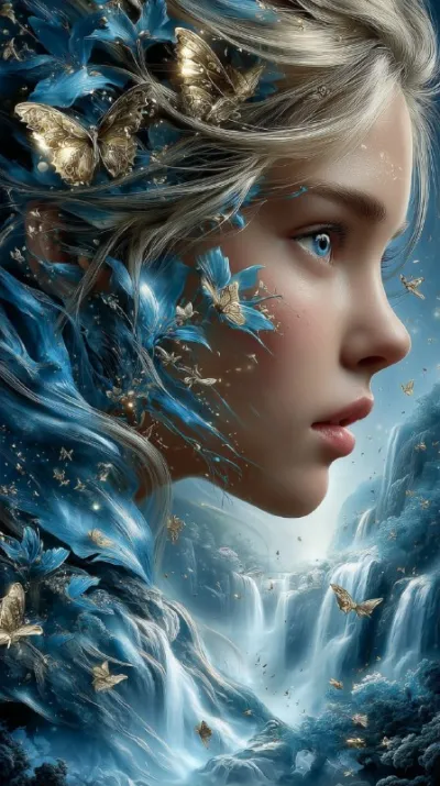 a hyperrealistic fantasy portrait of a divine nature spirit, her face seamlessly blended with waterfalls, mossy rocks an