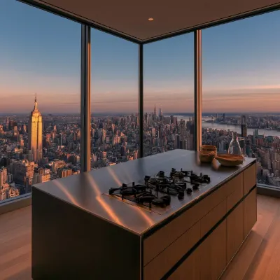 Ultra luxury Manhattan penthouse kitchen, full glass corner with wraparound floor to ceiling windows on two walls, sweep
