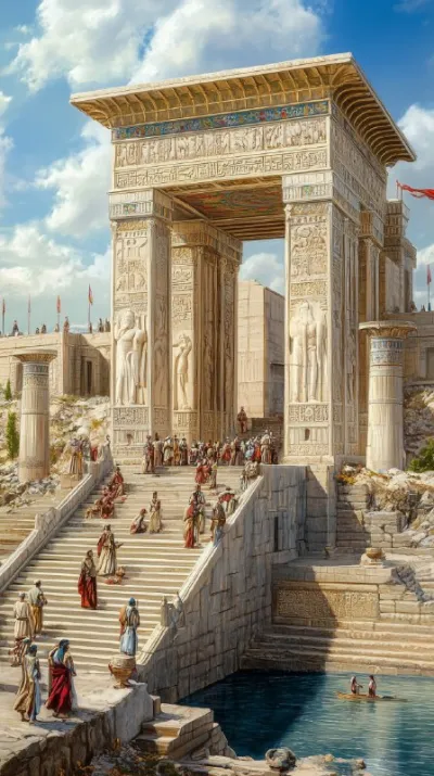 miniature style, wide shot, Persepolis in its golden age, an ancient Persian marvel shining under a radiant sun. The gra
