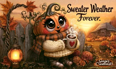 5:3, whimsical autumn cartoon pumpkin character, pumpkin head with big cute eyes and rosy cheeks, wearing thick cream kn