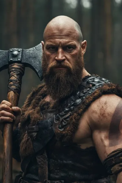 portrait of a Viking bald and with a short beard and brown hair big arms, wearing sleeveless armour holding a battle axe