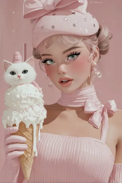 watercolour illustration of a pretty which, she is wearing a pink top, and pink hat that looks like an ice cream corn, s